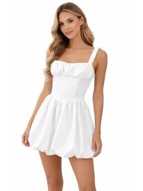 NWOT White Bubble Hem Mini Dress XL Ruffle Bust Smocked Back Sleeveless